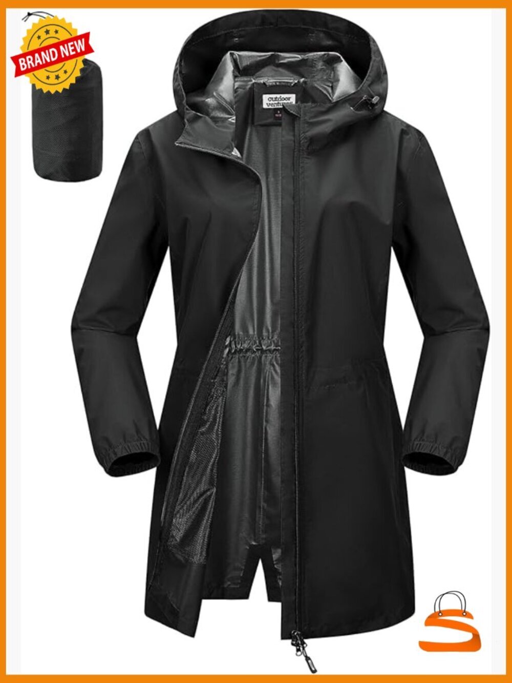 Waterproof Long Rain Coat Packable Lightweight Hooded Jacket Windbreaker